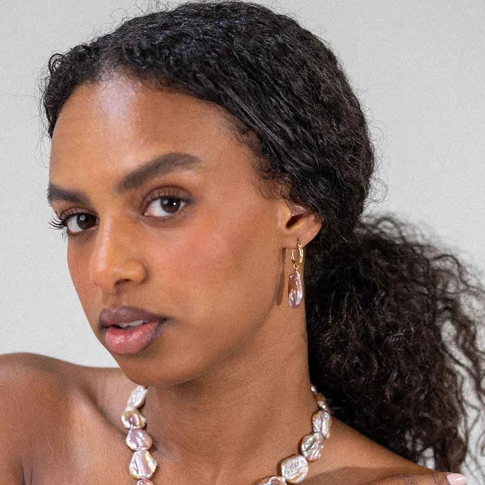 Champagne Oval Keshi Pearl Detachable Hoop Earrings