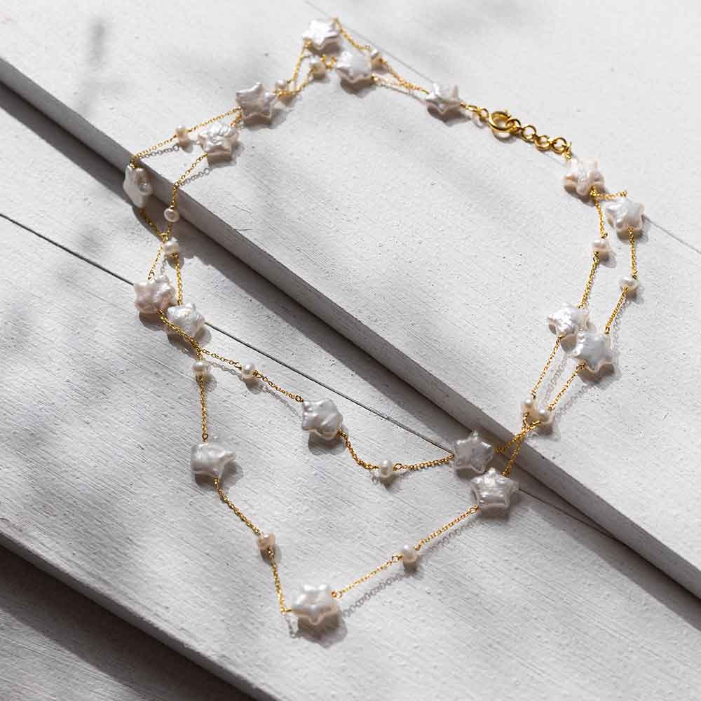 White Star-Shaped Flat Pearl Necklace – 18K Gold-Plated Sterling Silver