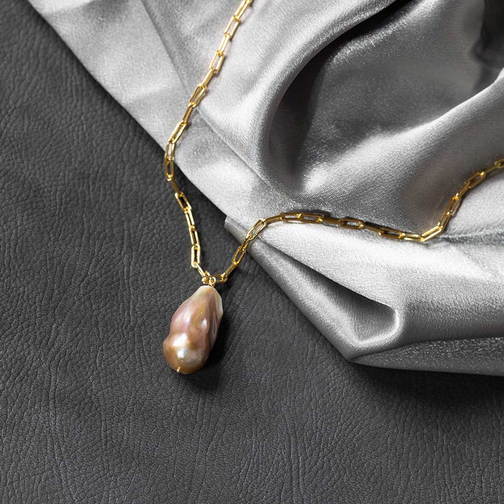 Pink Freshwater Baroque Pearl Pendant – 18K Gold-Plated Sterling Silver Chain