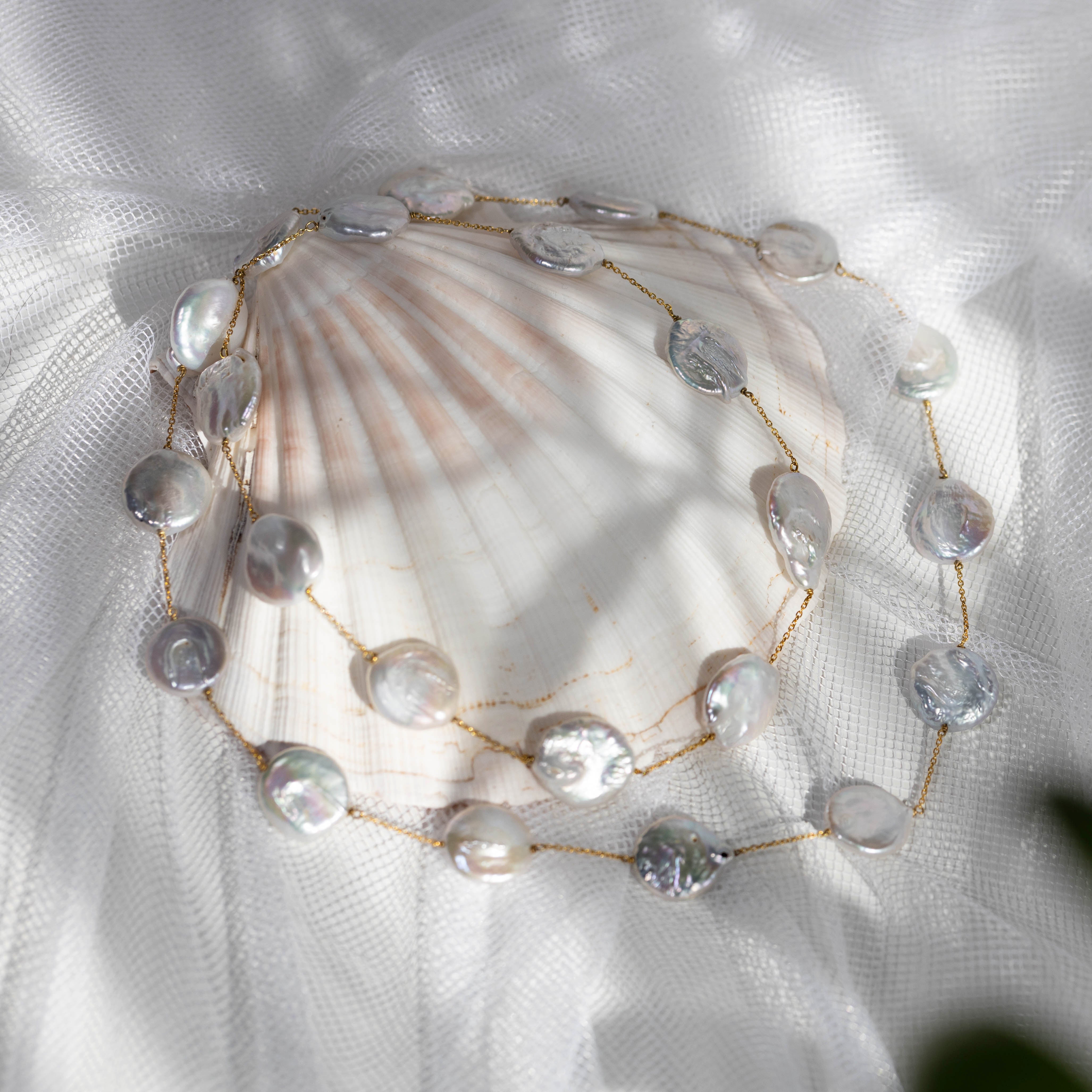 White Coin Keshi Pearl Long Necklace