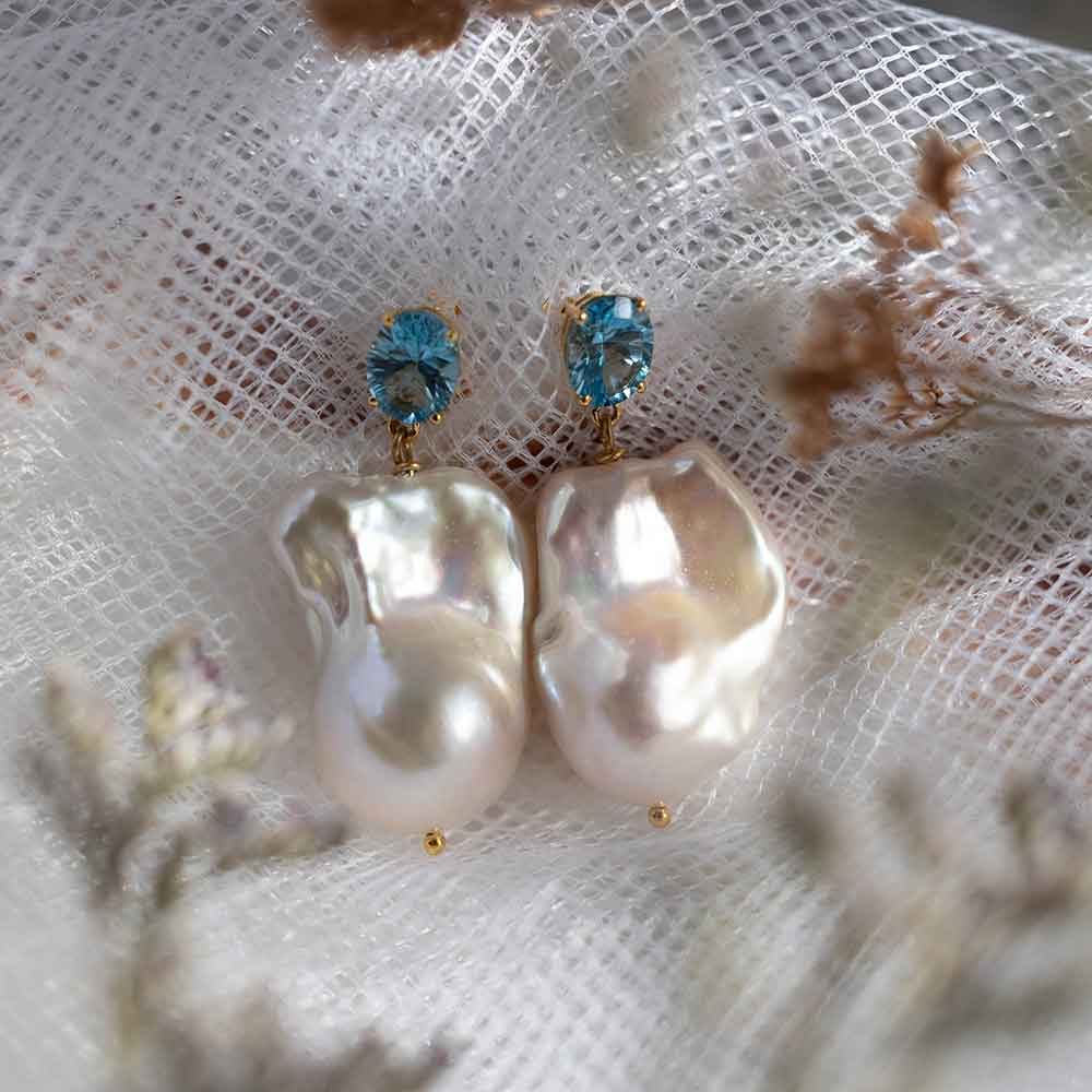 White Baroque Earring with Blue Topaz Set in 18k Gold-Plated Silver