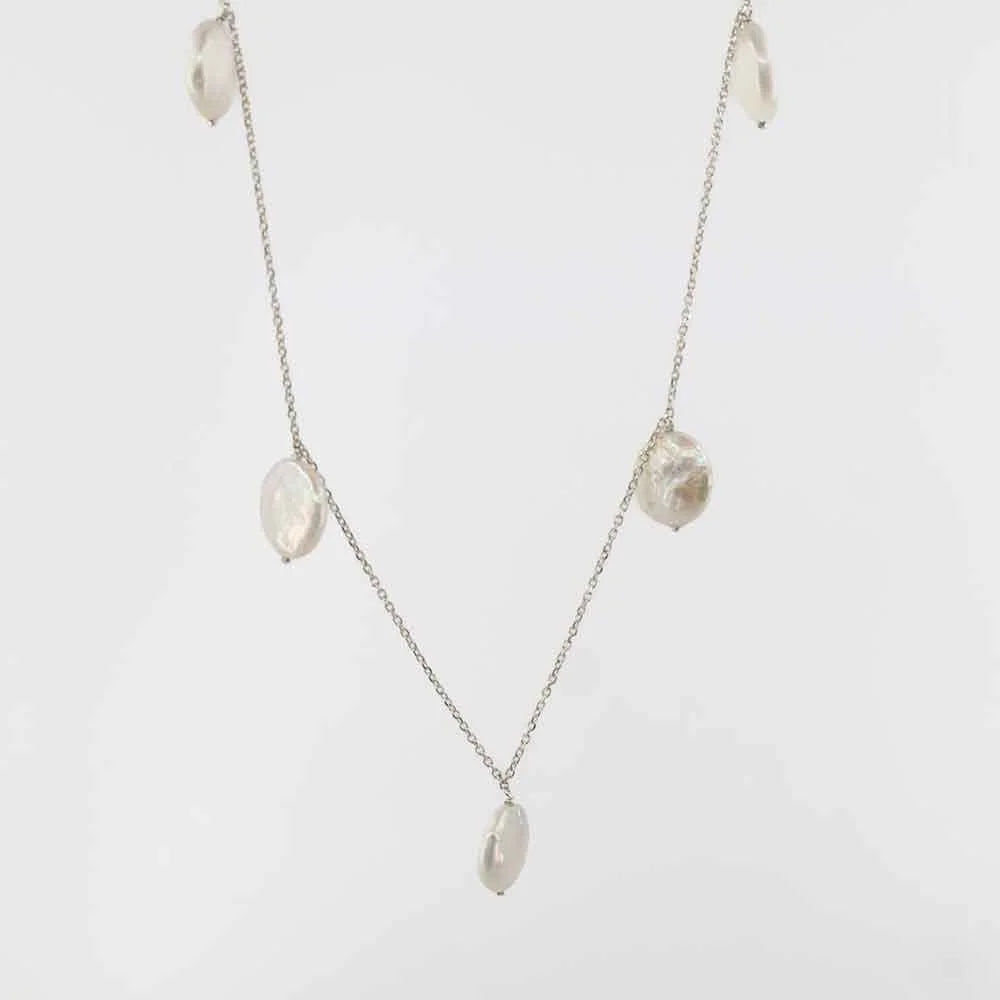 White Coin Pearl Necklace in 18k White-Gold Plated Silver