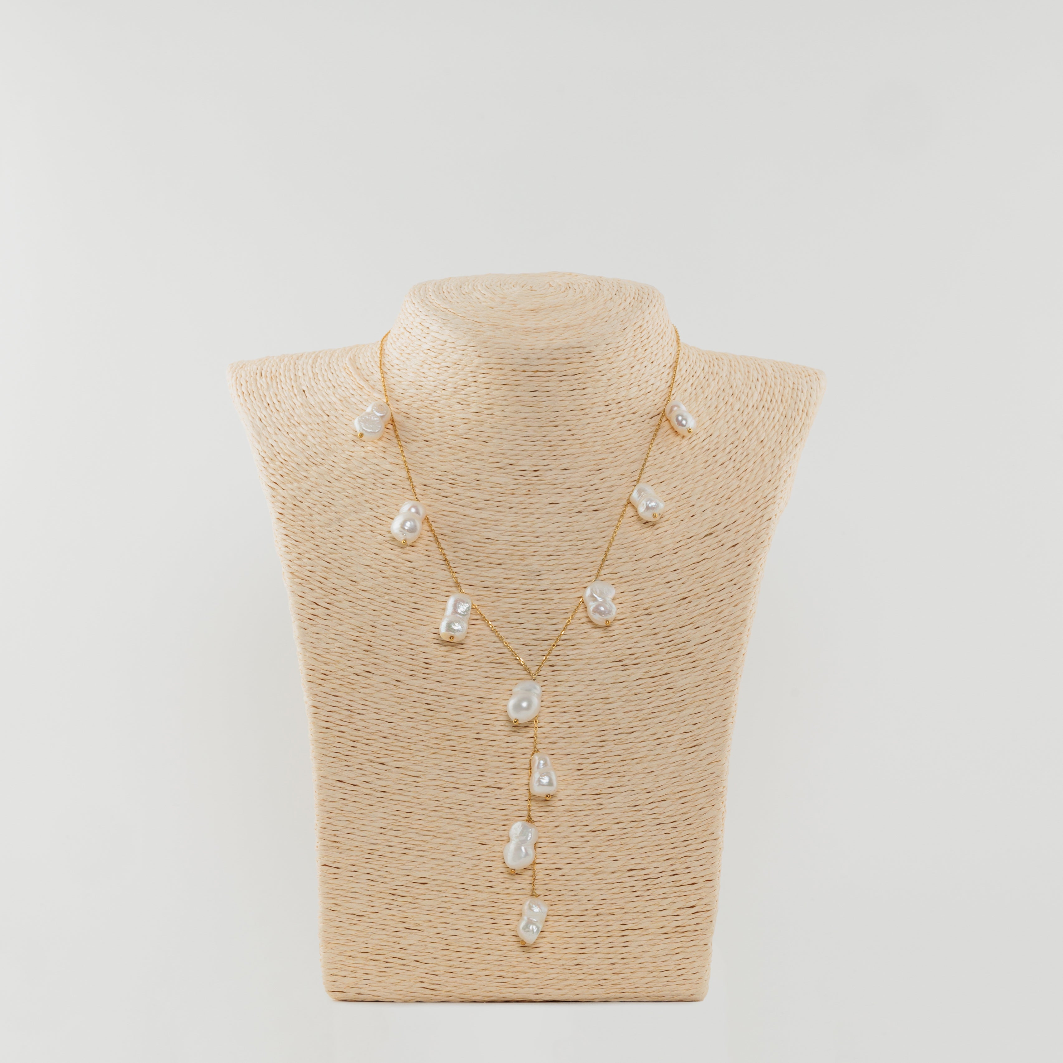 White Peanut Pearl Lariat Necklace in Silver Gold Plated Chain