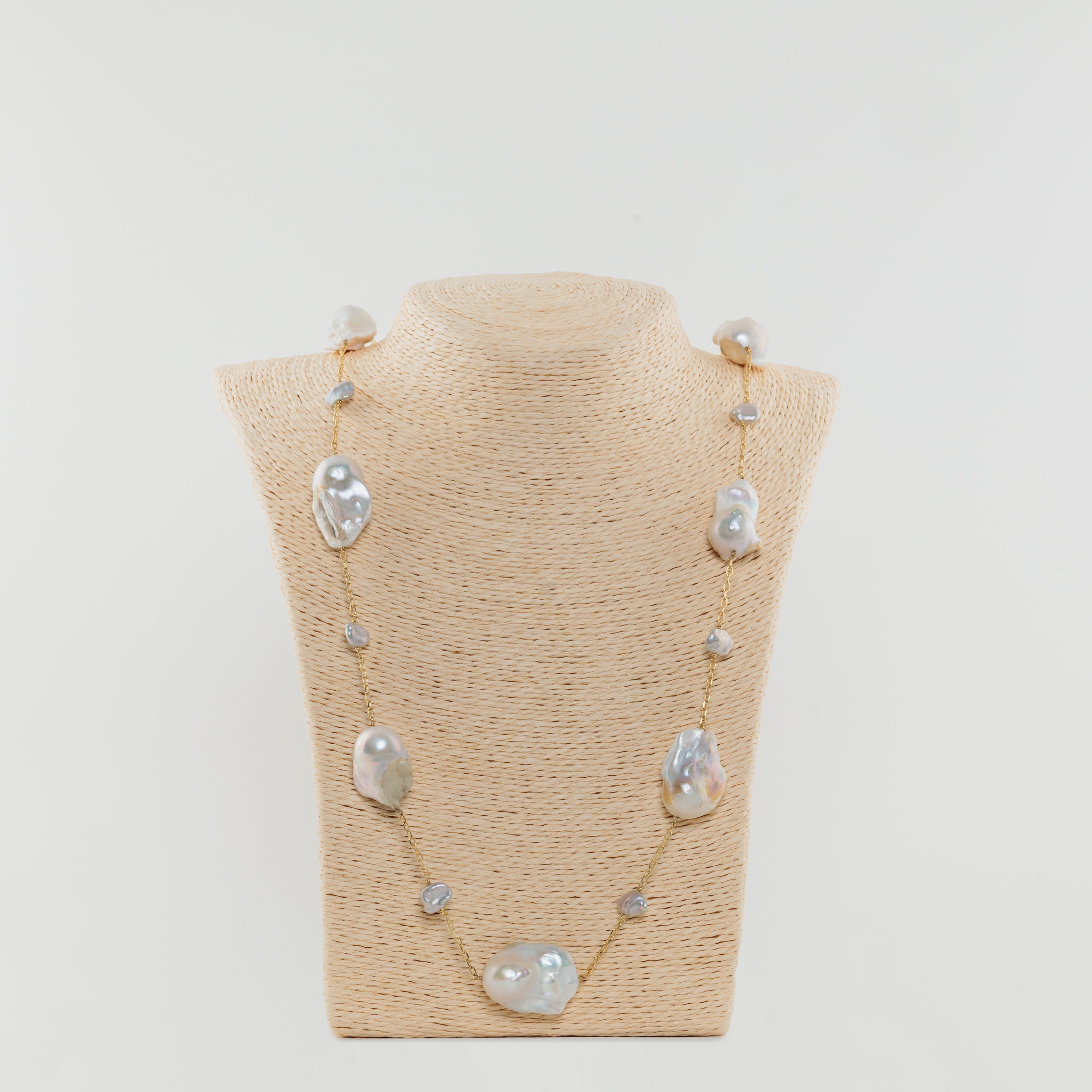 White Baroque Pearl Long Necklace Set in 18k Gold Plated Silver