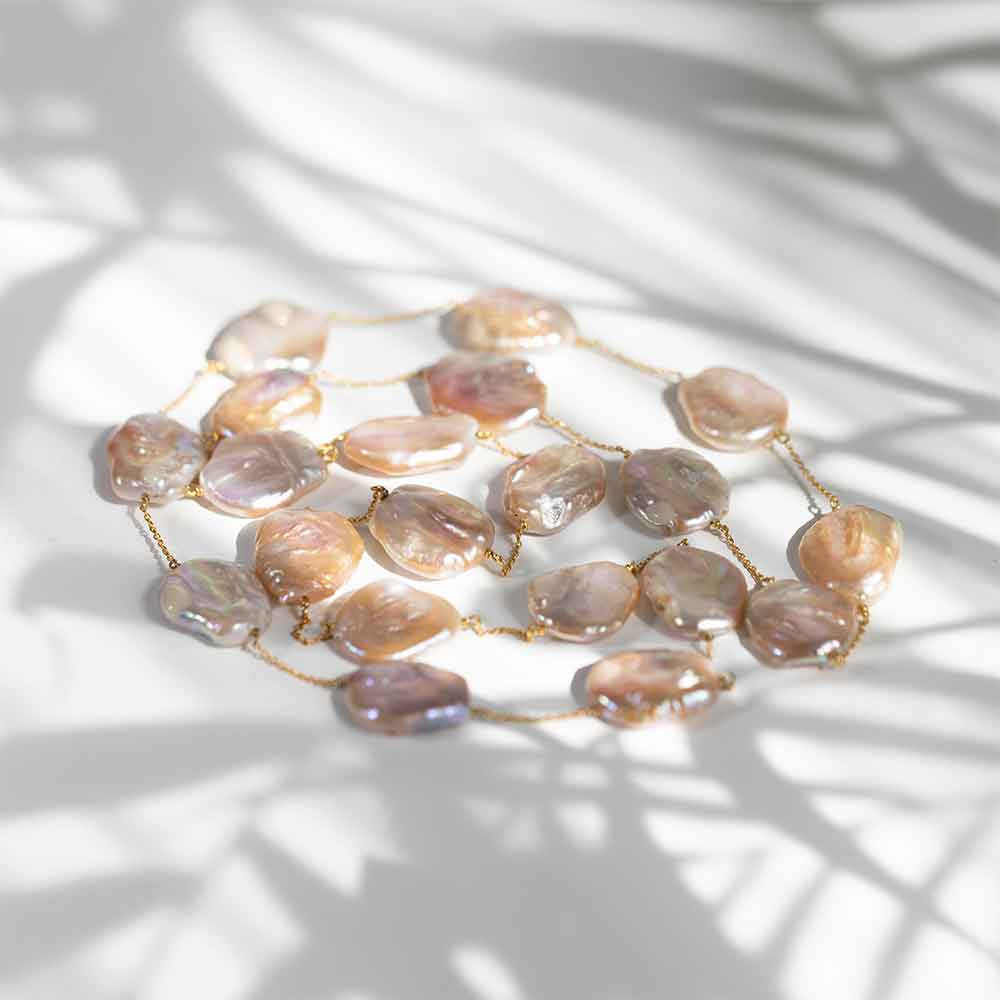 Champagne Flat Baroque Pearl Long Necklace – 80 cm – 18K Gold-Plated 925 Sterling Silver