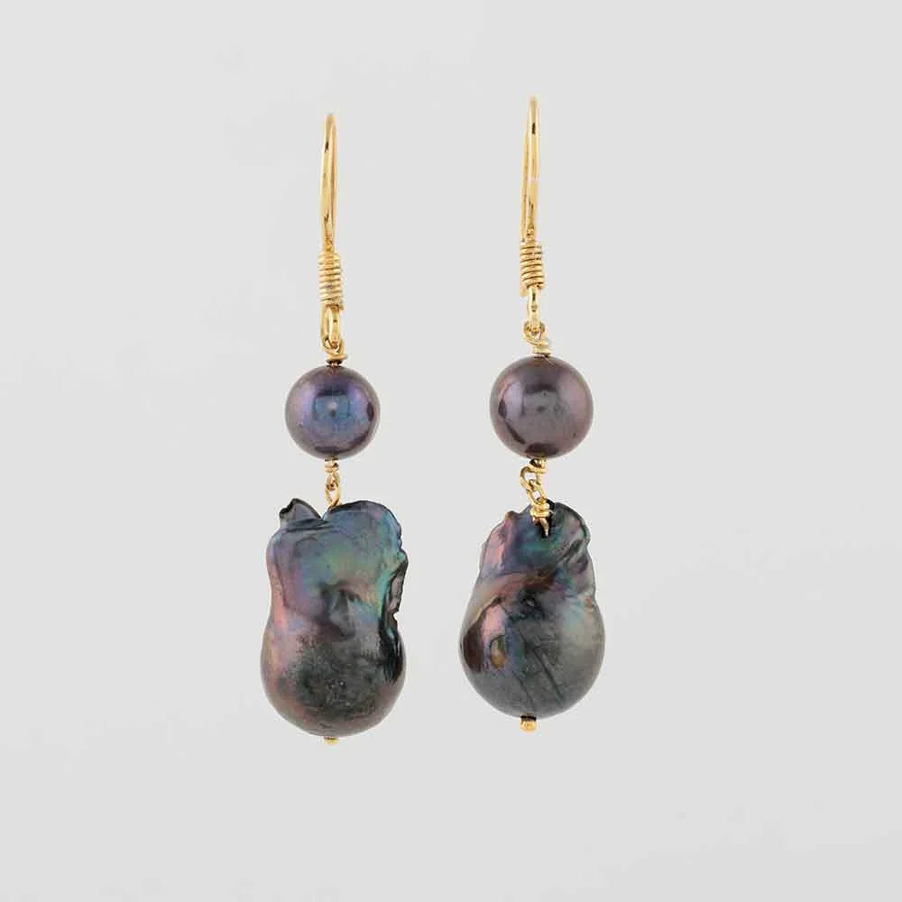 Black Baroque Pearl Drop Earrings in 18 Gold-Plated Silver