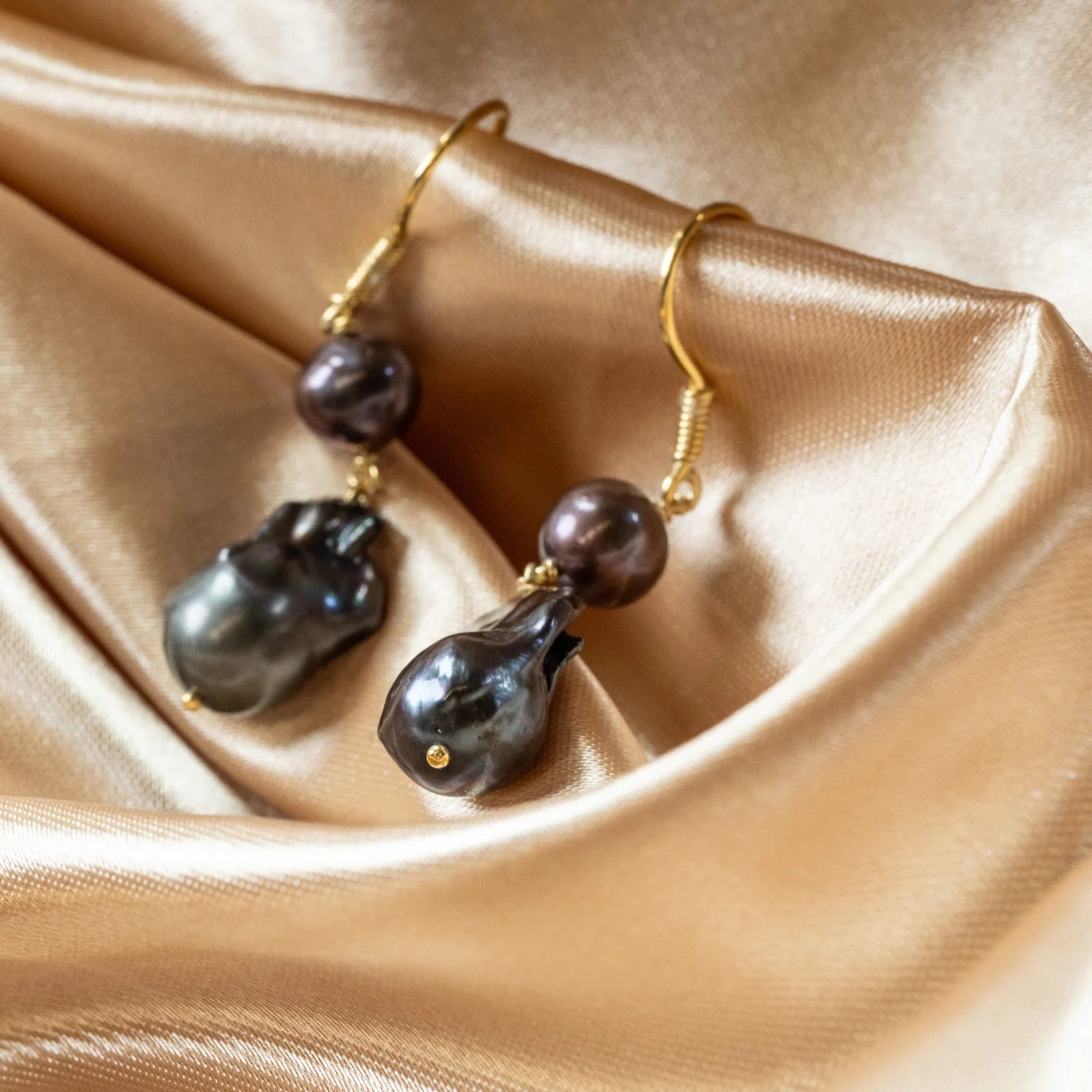Black Baroque Pearl Drop Earrings in 18 Gold-Plated Silver