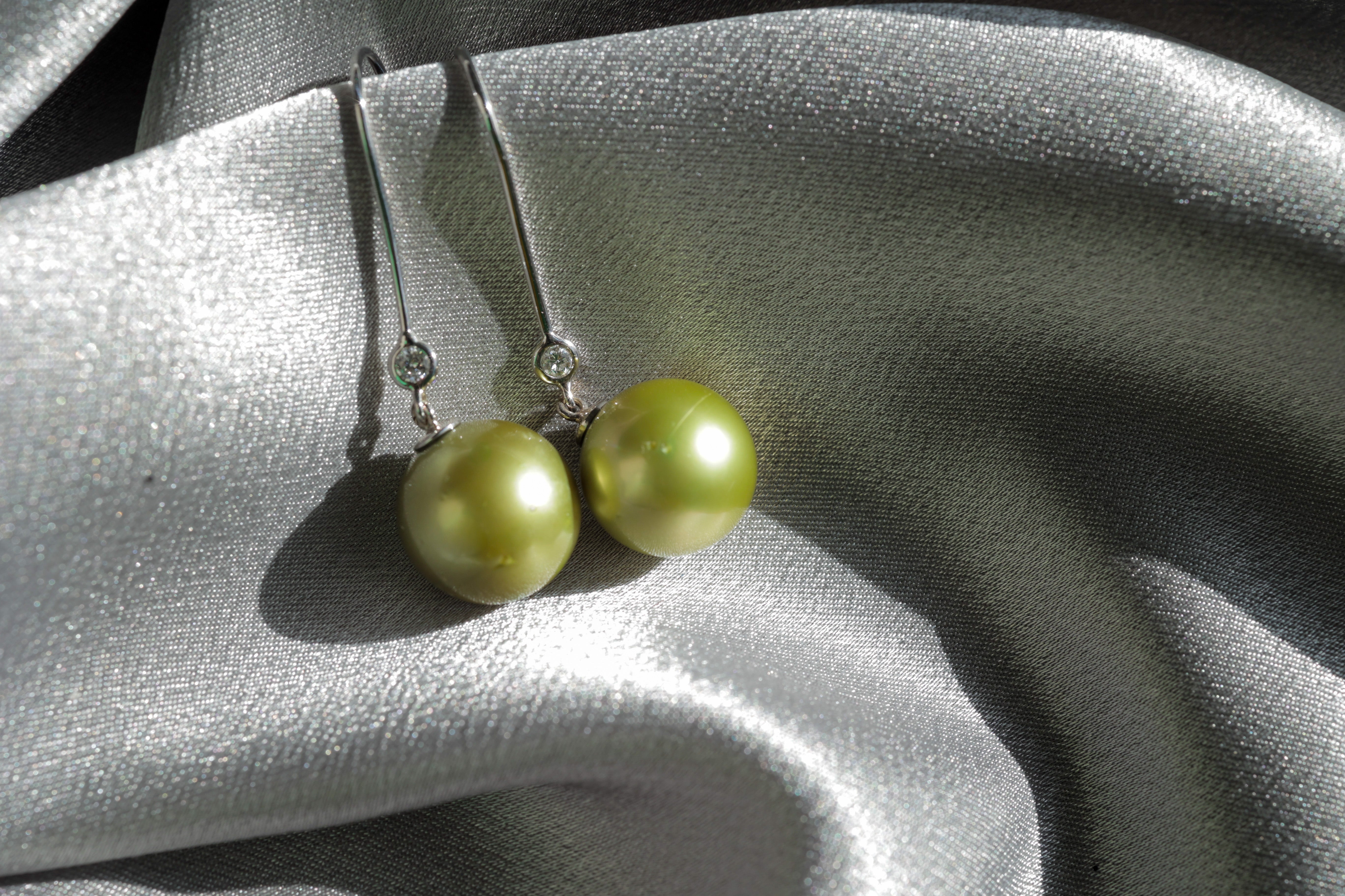 Tahitian Pearl Pistachio Green Pearl Earrings with Diamond and 18k White Gold