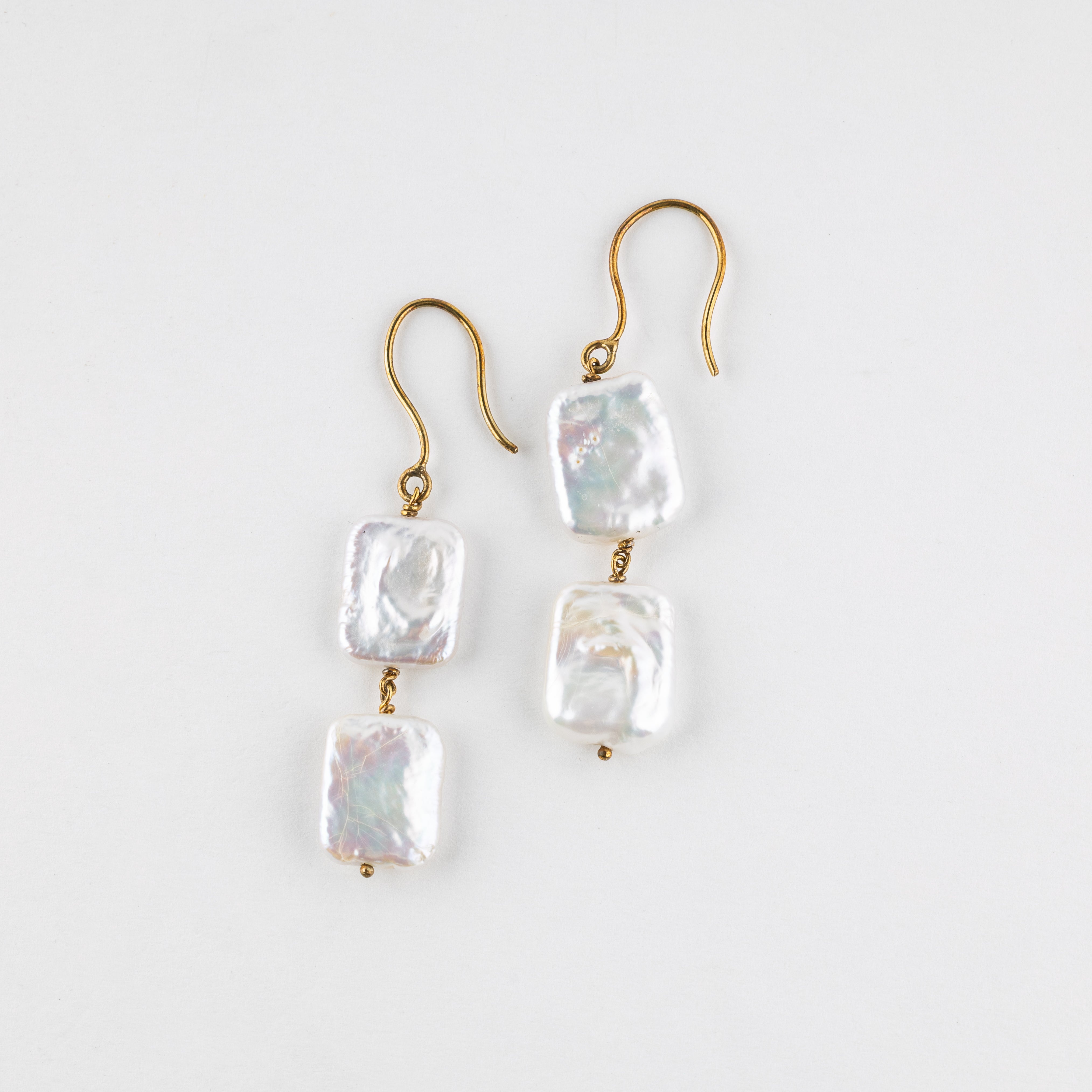 Square Flat White Keshi Hook Earrings in 18k Gold Plated Silver